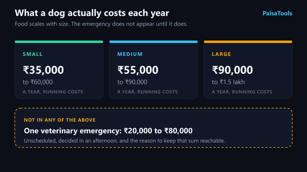 Diagram comparing the annual cost of owning a small, medium and large dog in India. Food dominates the running cost and scales sharply with size, while vaccination, deworming and grooming stay broadly similar, and a single veterinary emergency can exceed the entire rest of the year.
