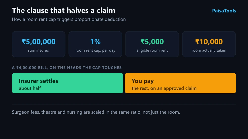 Diagram showing how a room rent cap causes a proportionate deduction on an Indian health insurance claim. A four lakh hospital bill on a five lakh policy with a one per cent room rent cap is scaled down across surgeon fees, operation theatre and nursing charges when the room chosen costs twice the eligible rate, leaving a large share payable by the family.