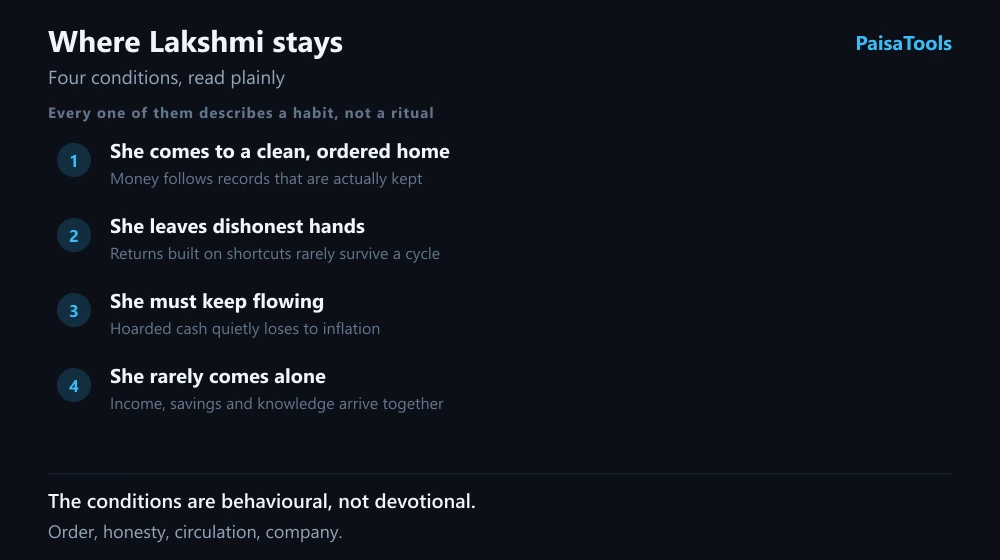The four conditions traditionally attached to Lakshmi, read as behaviour: she comes to an ordered home, leaves dishonest hands, must keep flowing rather than be hoarded, and rarely arrives alone.