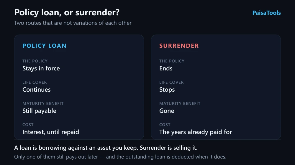 Two routes for raising money from a life insurance policy: a policy loan, where the cover continues and the insurer holds a charge, against surrender, where the policy ends and the cover stops.