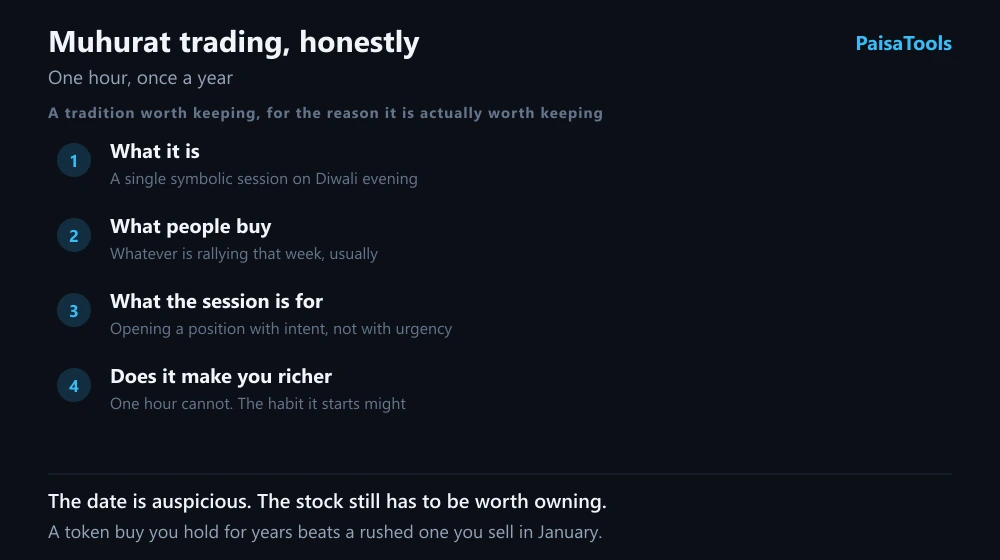 Muhurat trading set out plainly: what the single Diwali-evening session is, what people tend to buy during it, what the session is actually useful for, and why one hour of trading cannot by itself make anyone richer.
