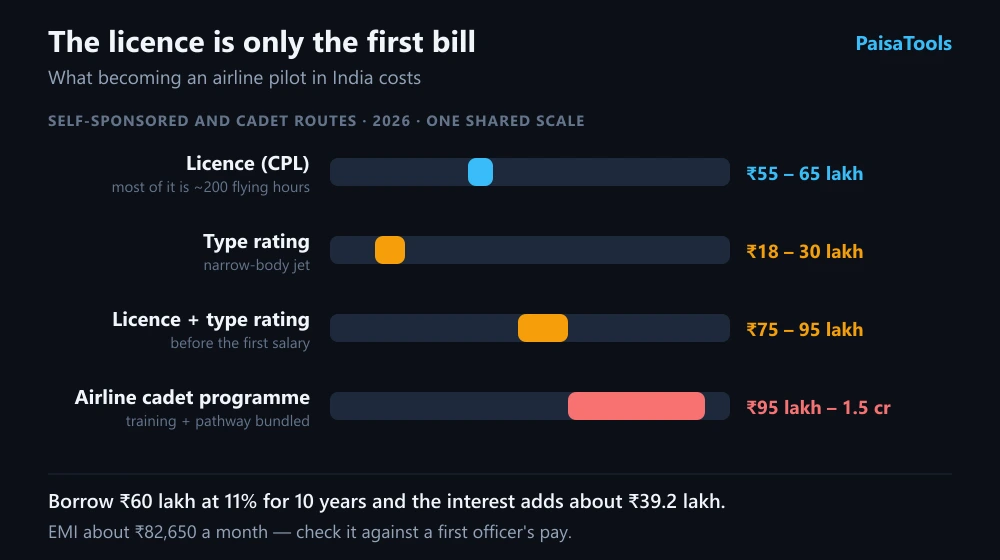 Range chart on one scale comparing the cost of a commercial pilot licence, a type rating, the two together, and an airline cadet programme in India.