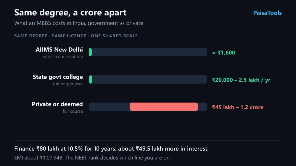 Range chart on one scale comparing MBBS tuition at AIIMS New Delhi, annual tuition at state government colleges, and the full course at private and deemed colleges.